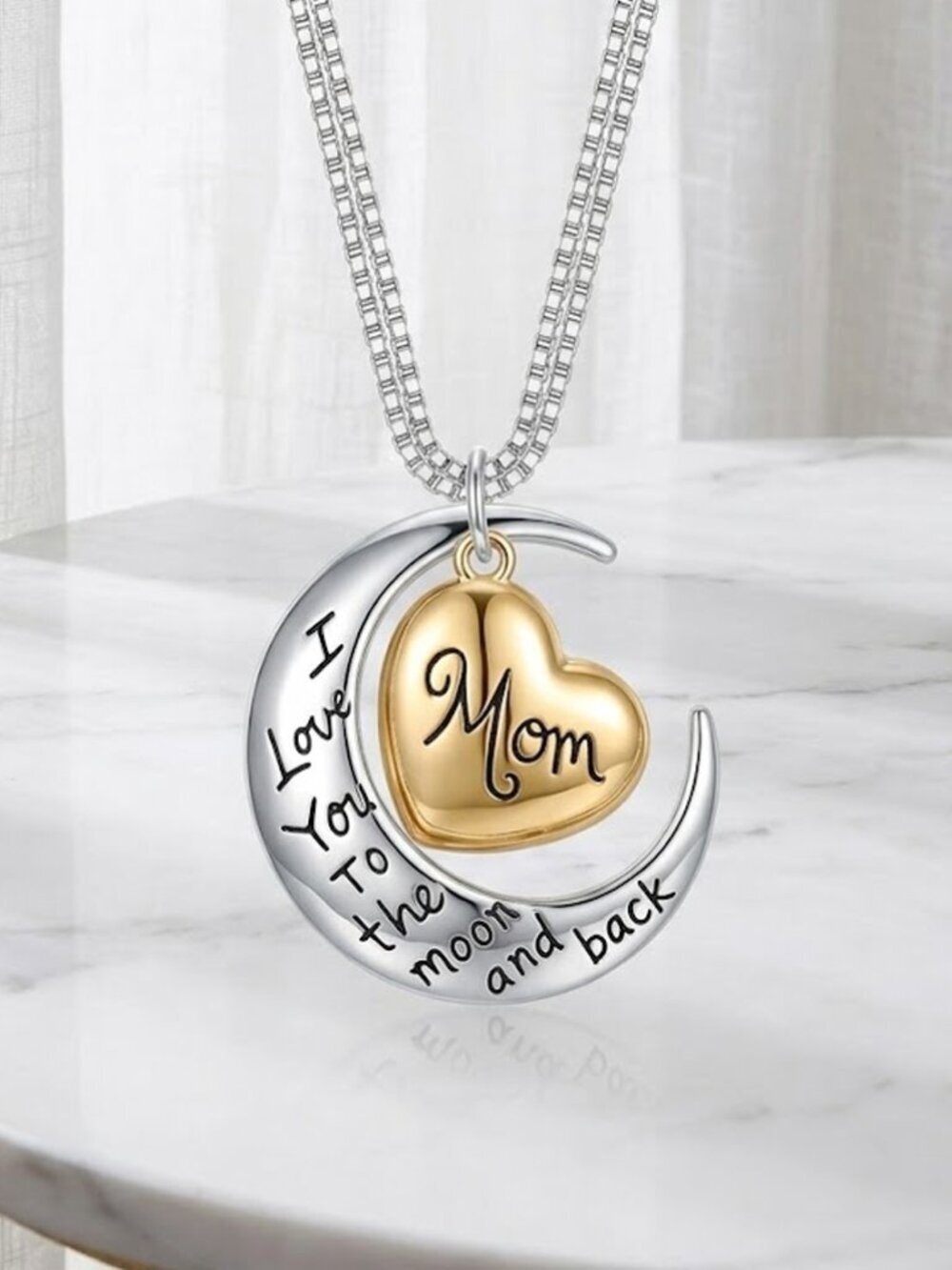 Silver Gold Mom Moon Heart Motivational Necklace